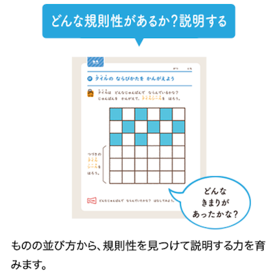 こどもちゃれんじすてっぷの思考力特化コース 規則性を見つけて説明する力を育てる問題のサンプル